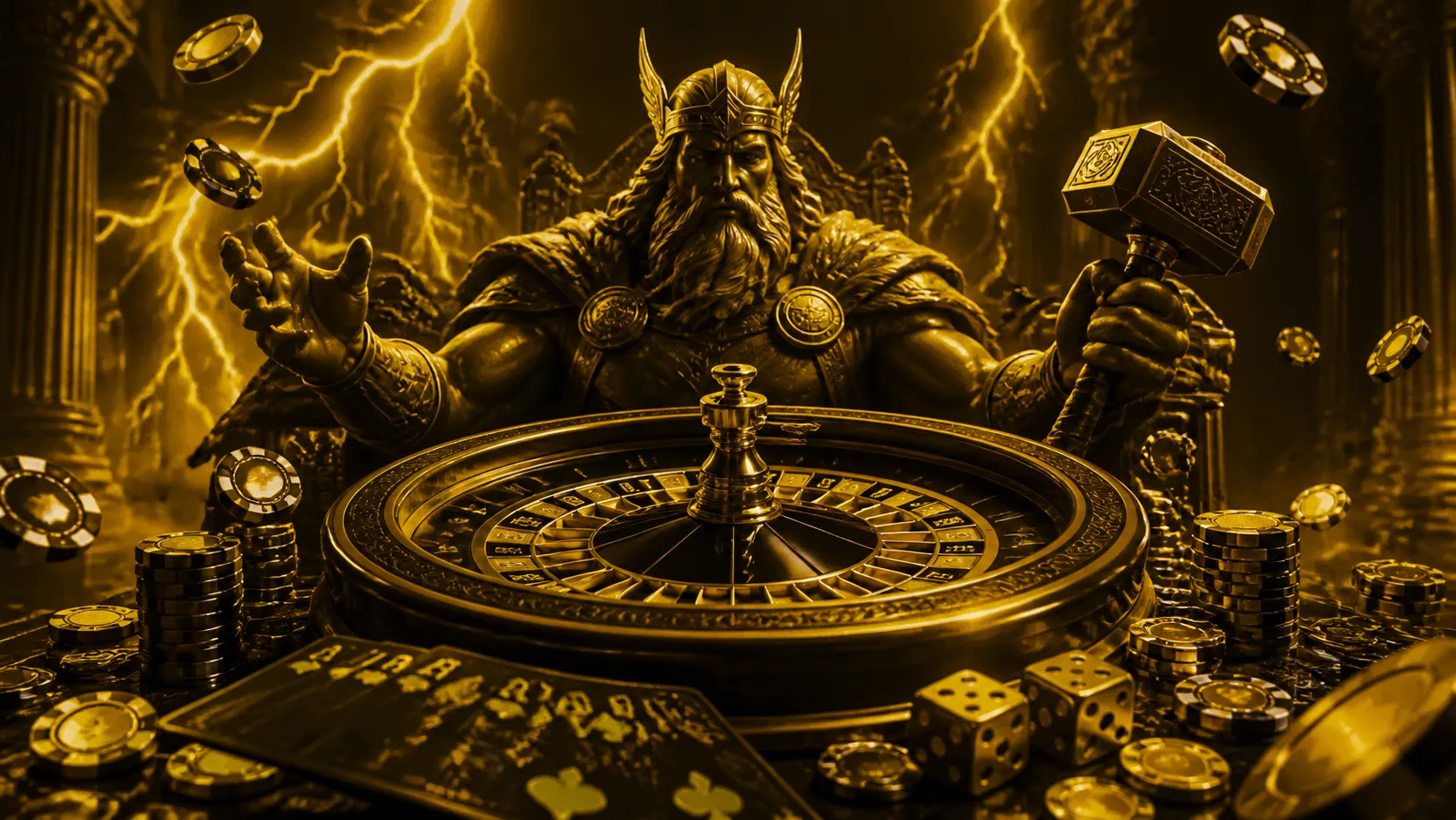 Luxury casino scene with neon cyberpunk atmosphere, featuring floating poker chips, glowing roulette wheel, vibrant playing c