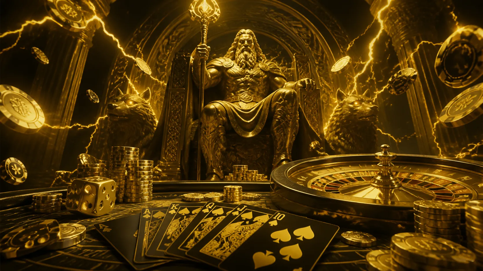 Luxurious casino-themed banner for Thorfortune, showcasing high-end casino elements like poker chips, cards, and dice with a